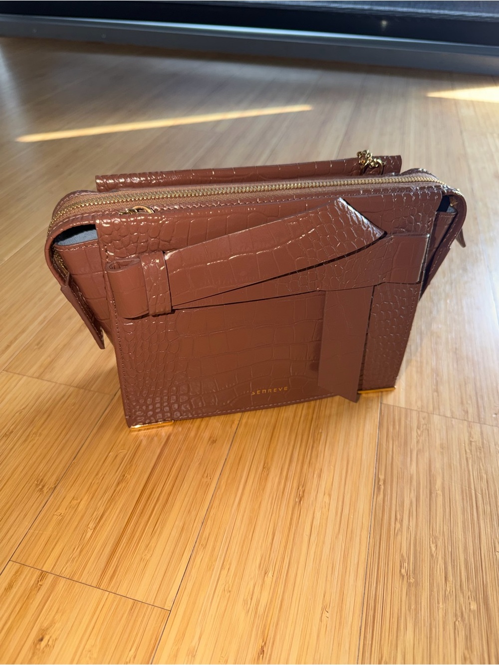 Senreve Brown Croc-Embossed Crossbody with Gold Chain